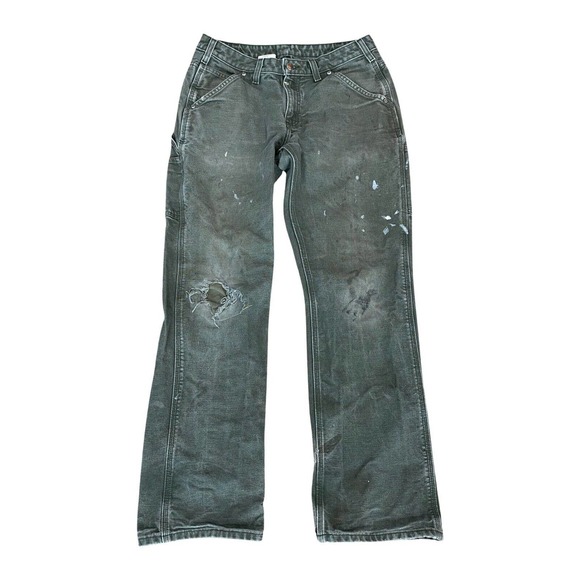 Carhartt Dungaree Pants Olive Green Size 32x31 Distressed Paint Repair - Picture 1 of 8